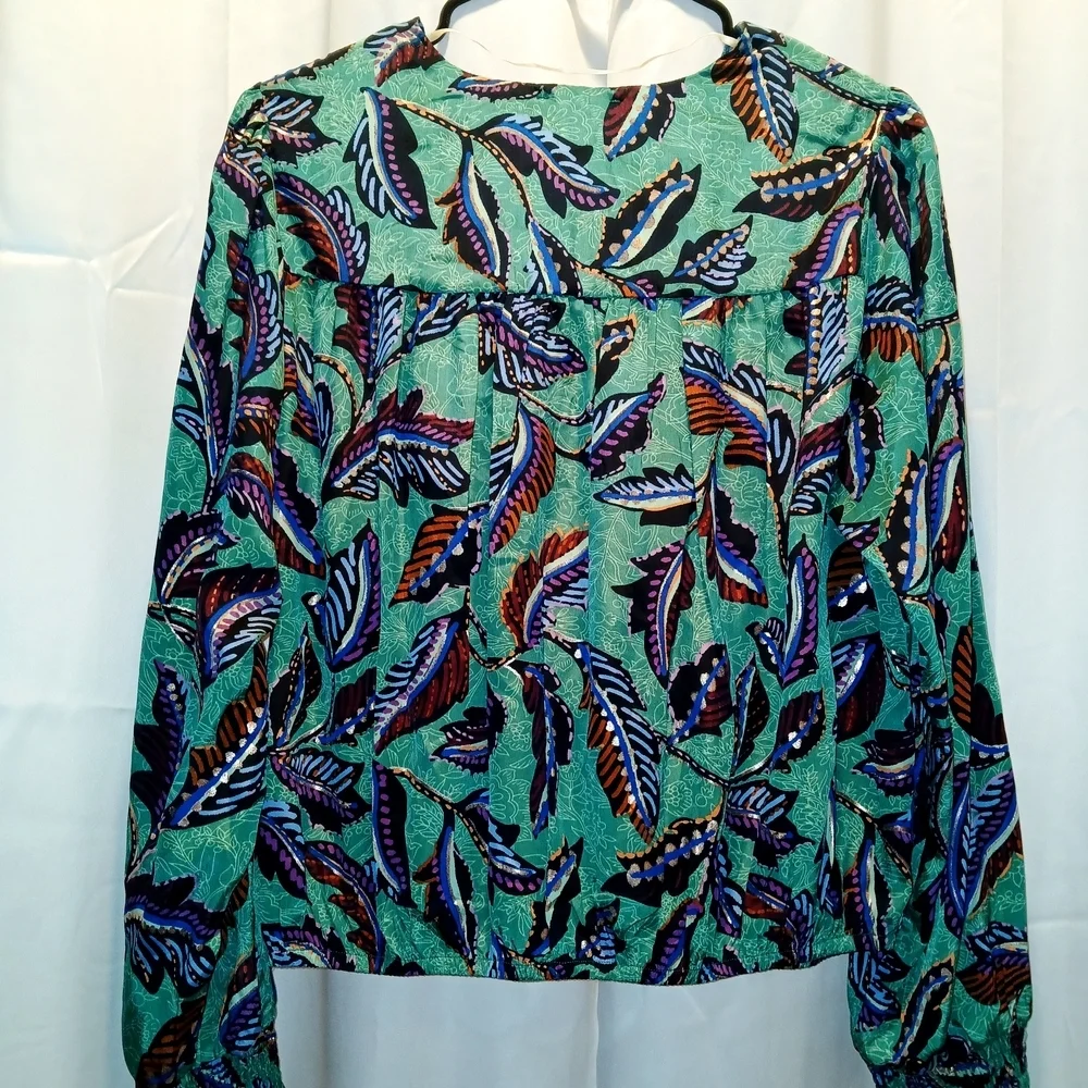 Democracy Teal and Purple Leaf Print Blouse - Picture 3 of 5